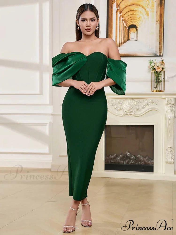 Sexy Asymmetric Sleeves Off Shoulder Bandage Green Slash Neck Christmas Party Dress