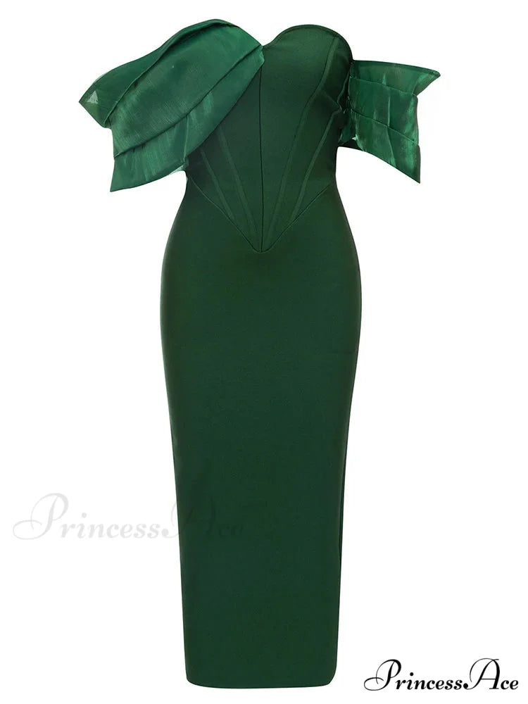 Sexy Asymmetric Sleeves Off Shoulder Bandage Green Slash Neck Christmas Party Dress Green / XS
