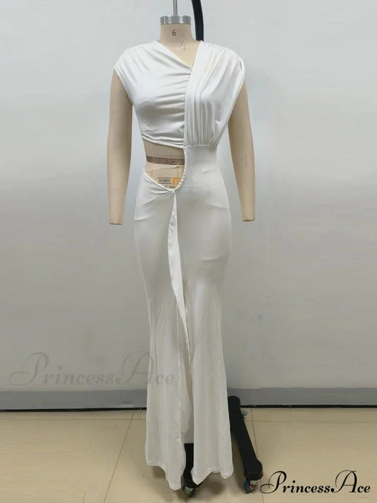 Sexy Asymmetrical Neck Hollow Out White Sleeveless Split Ruched Christmas Party Dress WHITE / XS