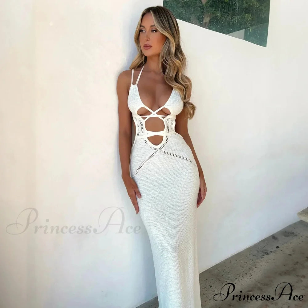 Sexy Backless Bandage White Maxi Dress WHITE / S