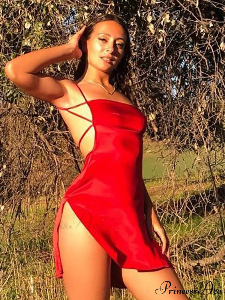Sexy Backless Elegant High Split Mini Bandage Dress Dress Red / S