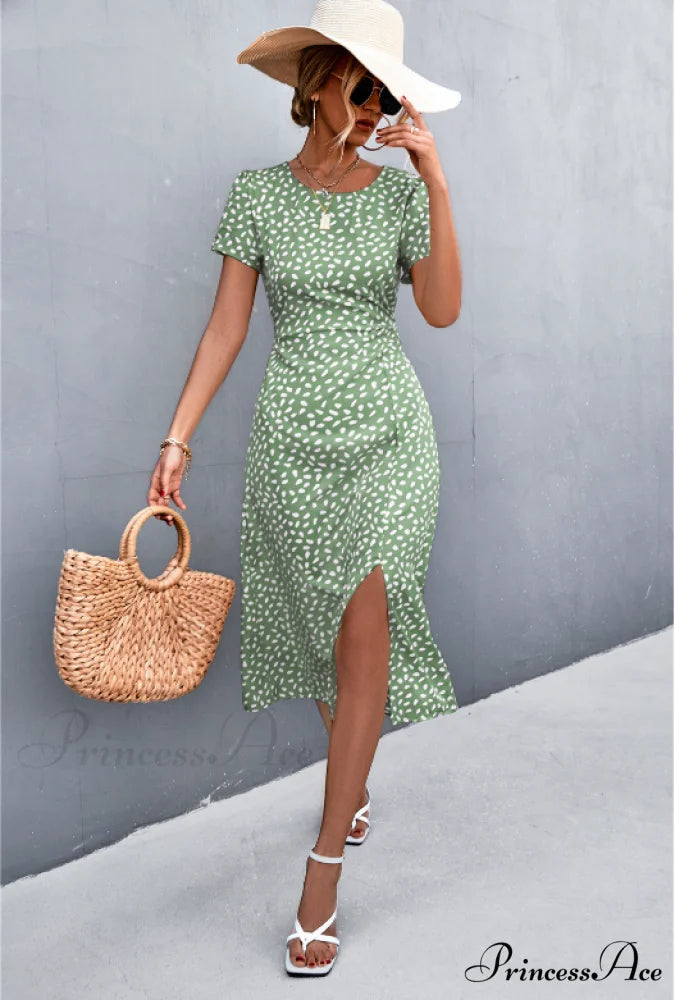 Sexy Backless Gravel Split Dress with Round Neck M / yellow