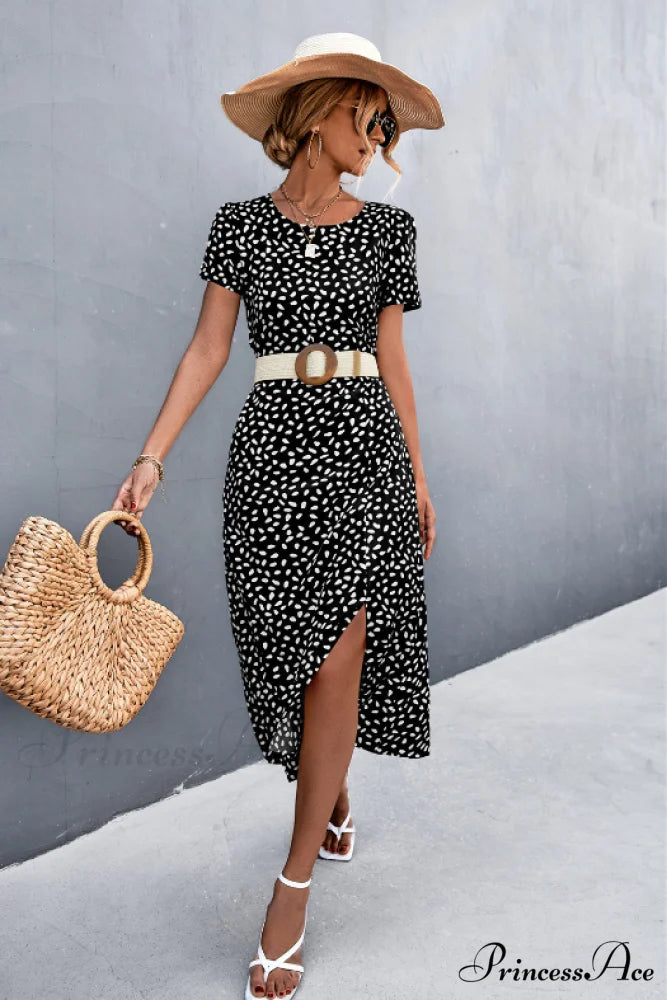 Sexy Backless Gravel Split Dress with Round Neck S / black