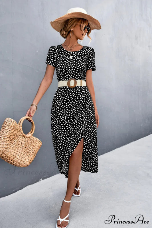 Sexy Backless Gravel Split Dress with Round Neck S / black