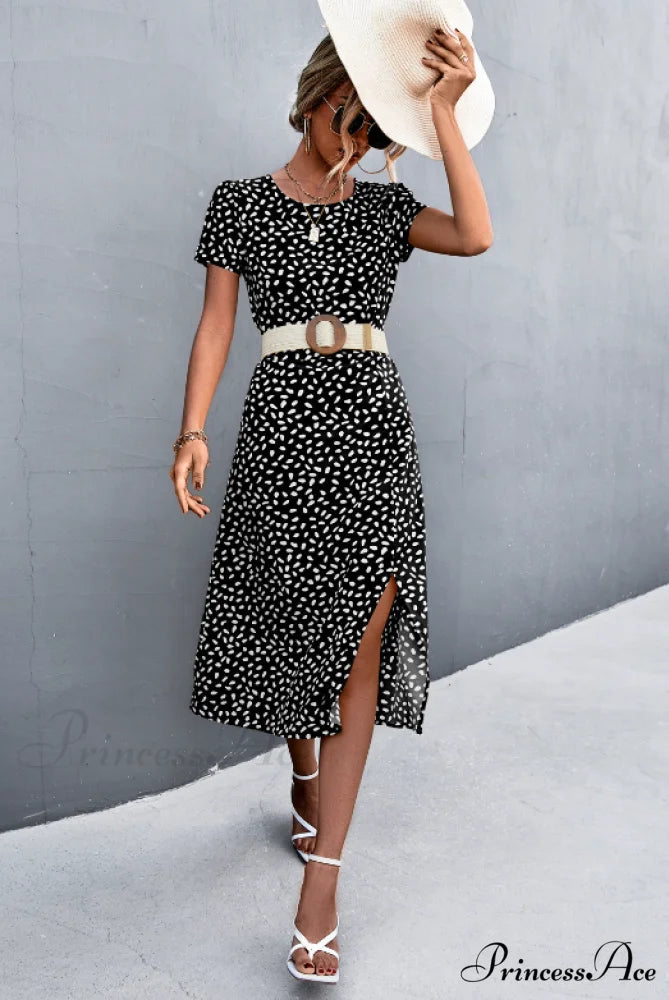 Sexy Backless Gravel Split Dress with Round Neck S / yellow