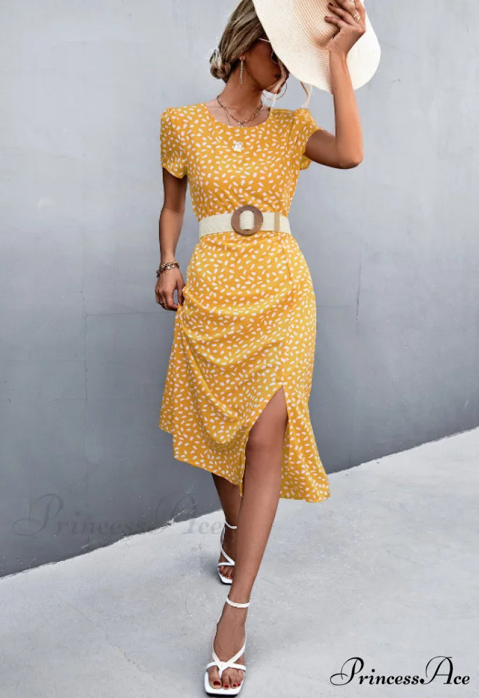 Sexy Backless Gravel Split Dress with Round Neck XL / yellow