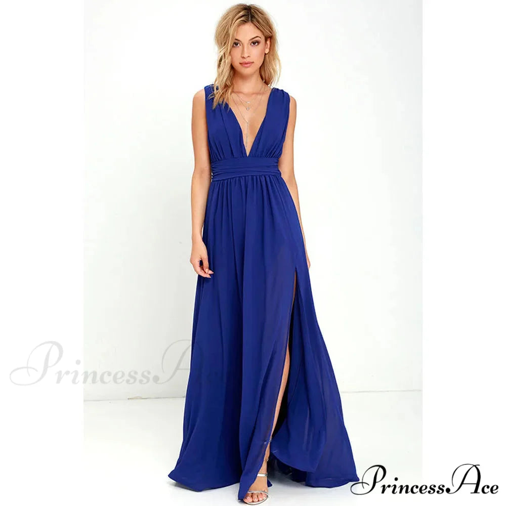 Sexy Backless Mesh Maxi Red Christmas Party Dress Blue / S