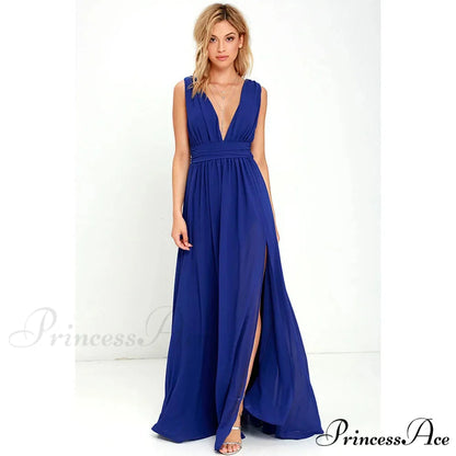 Sexy Backless Mesh Maxi Red Christmas Party Dress Blue / S