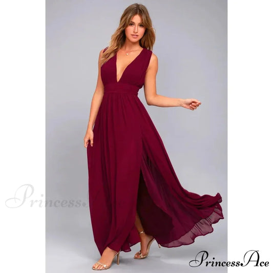 Sexy Backless Mesh Maxi Red Christmas Party Dress WINERED / S