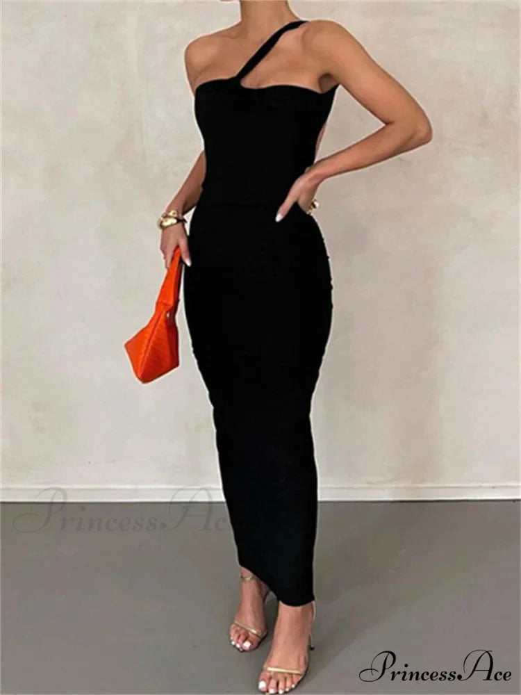Sexy Backless Ruched Women Sleeveless Single Strap Off Shoulder Bodycon Party Club Female Vestidos BLACK / S