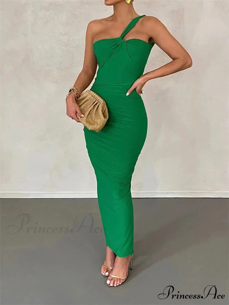 Sexy Backless Ruched Women Sleeveless Single Strap Off Shoulder Bodycon Party Club Female Vestidos GREEN / S