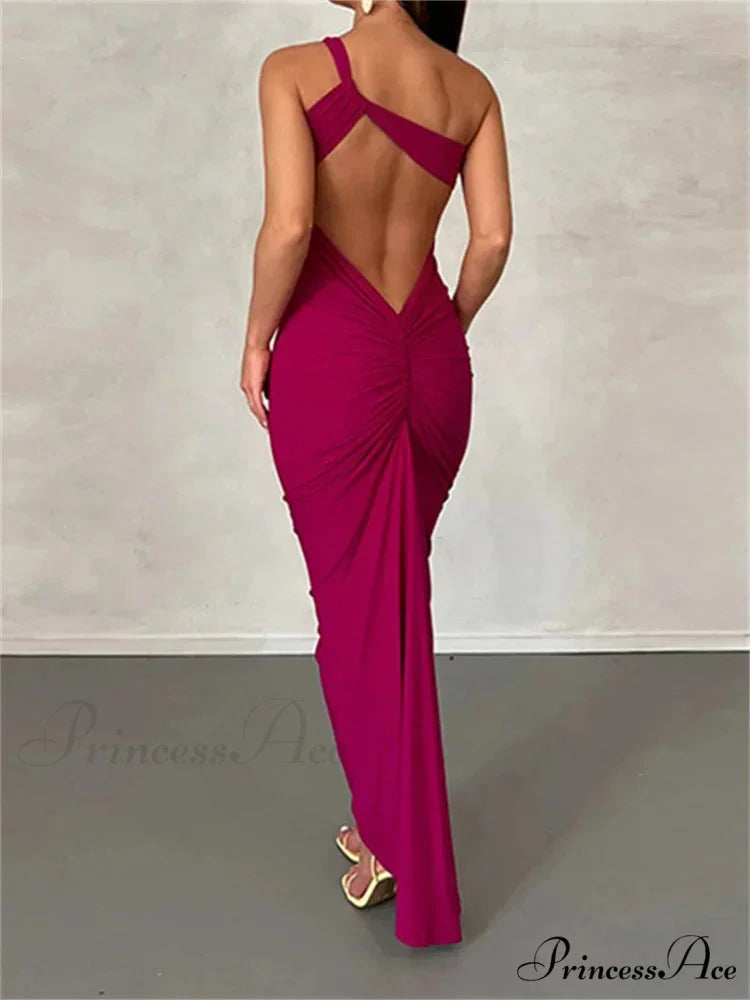 Sexy Backless Ruched Women Sleeveless Single Strap Off Shoulder Bodycon Party Club Female Vestidos RED / S