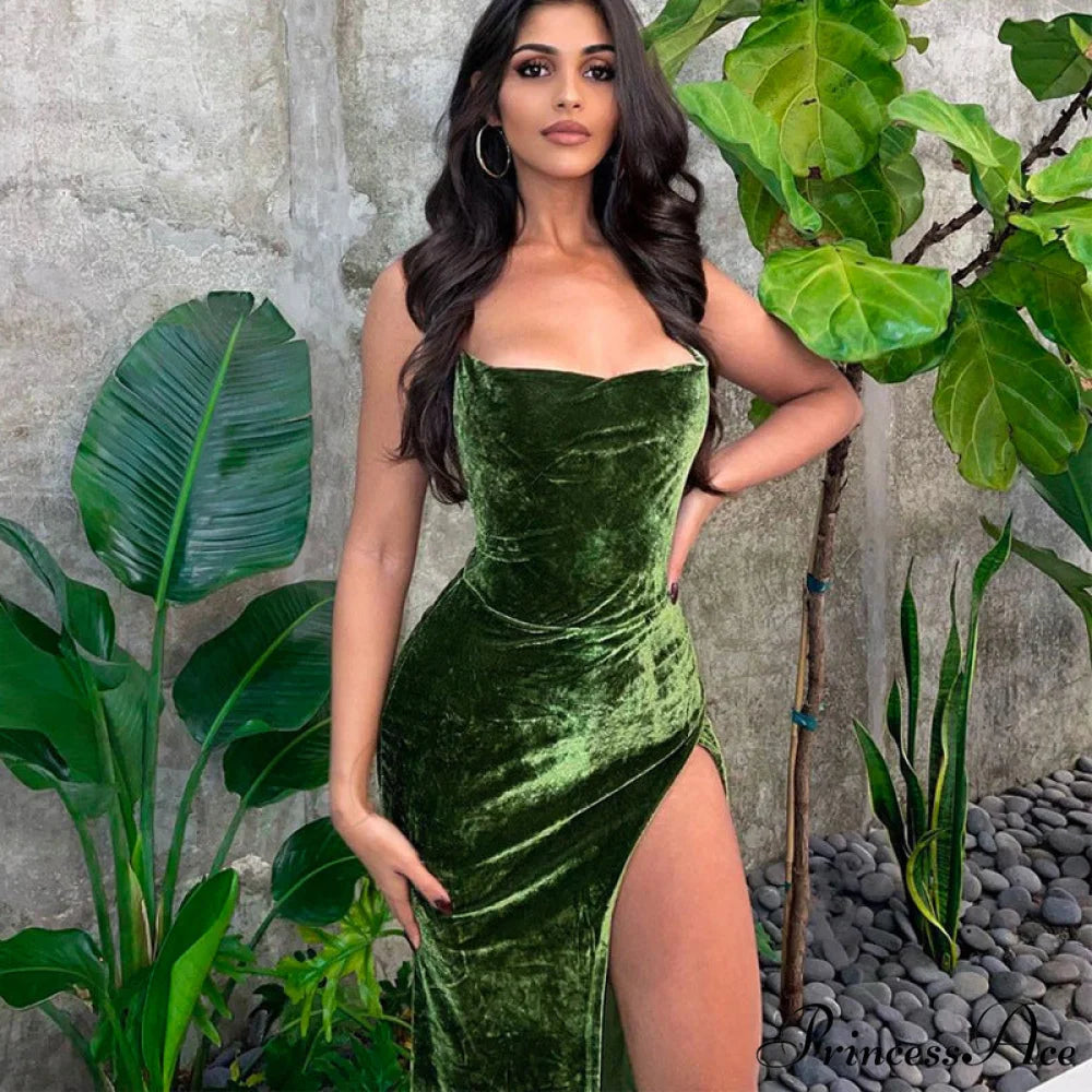 Sexy Backless Sleeveless Party Velvet Maxi Dresses Green / S