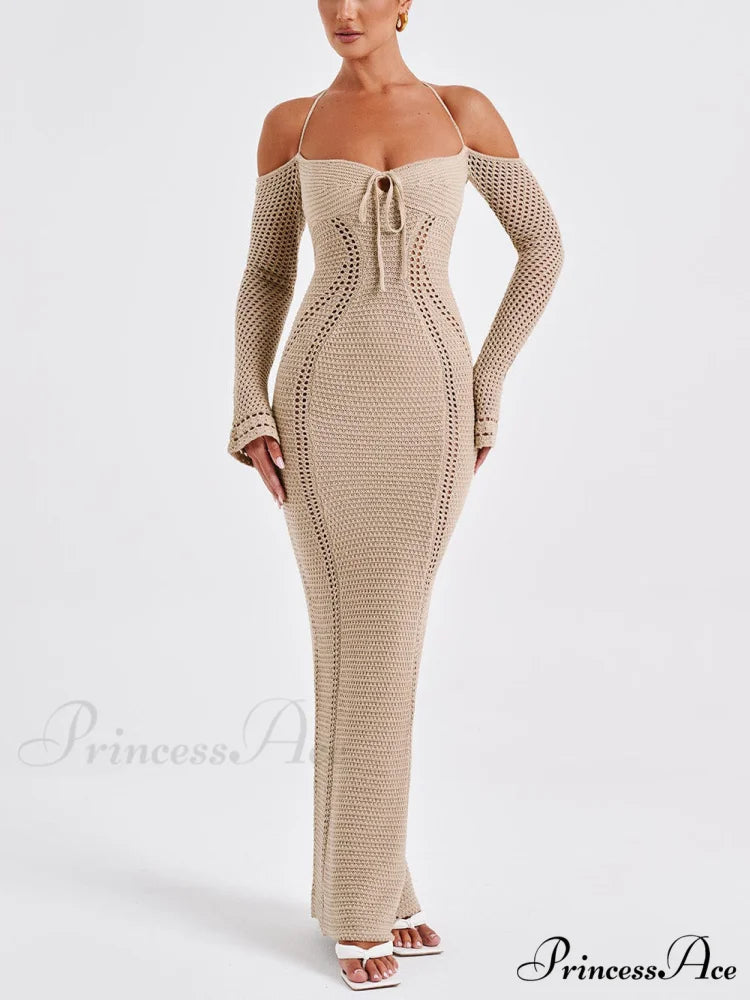 Sexy Backless Suspender Slim Graceful Hollow Long Sleeve Dress Apricot / S