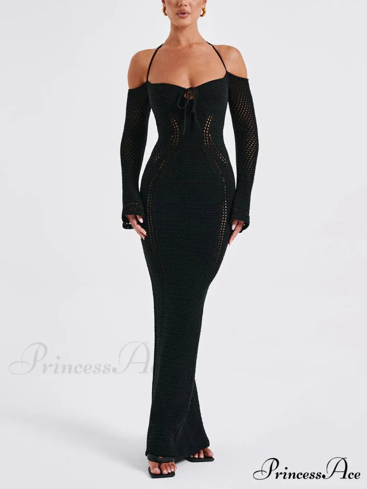 Sexy Backless Suspender Slim Graceful Hollow Long Sleeve Dress Black / S