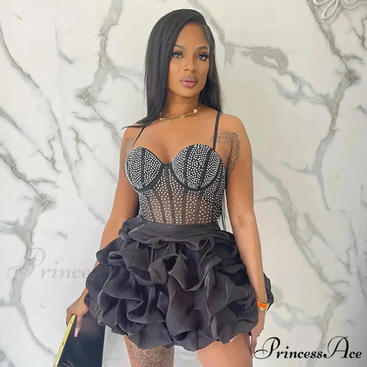 Sexy Backless Tassels Mini Solid Color Sleeveless Bodycon Low Cut V Neck Halter Neck Party Night Club Dress Black / S