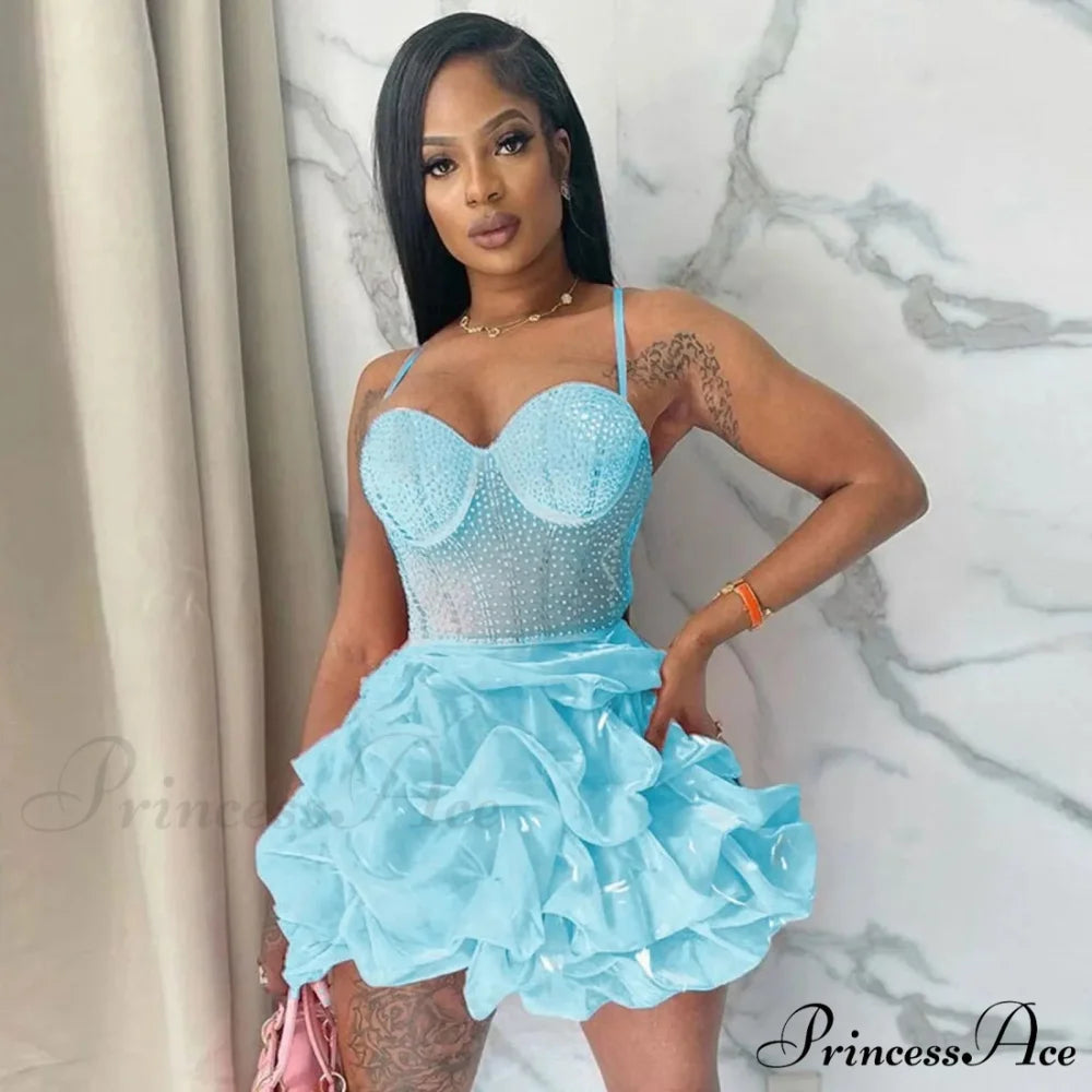 Sexy Backless Tassels Mini Solid Color Sleeveless Bodycon Low Cut V Neck Halter Neck Party Night Club Dress Blue / S