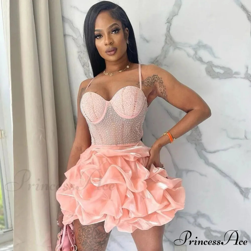 Sexy Backless Tassels Mini Solid Color Sleeveless Bodycon Low Cut V Neck Halter Neck Party Night Club Dress Pink / S