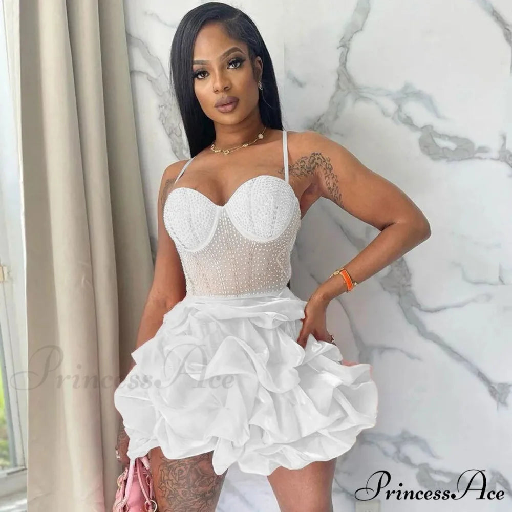 Sexy Backless Tassels Mini Solid Color Sleeveless Bodycon Low Cut V Neck Halter Neck Party Night Club Dress White / S