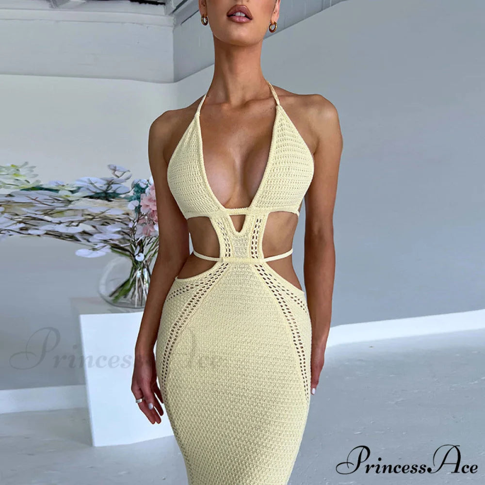 Sexy Backless Wrap Charming Chest Midi Dress yellow / S