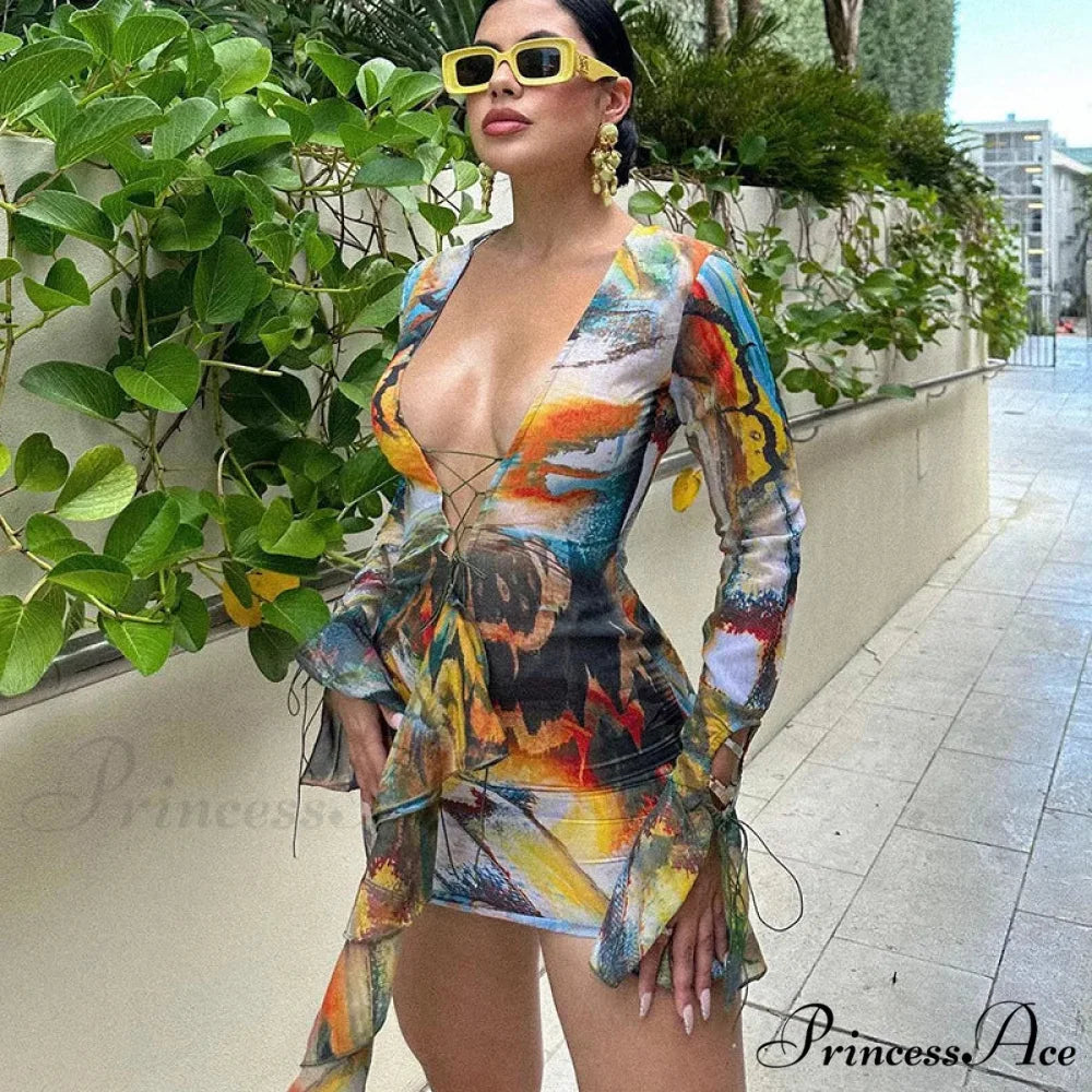 Sexy Bandage Lace Up Deep V Long Sleeve Mini Dress BLACK / S