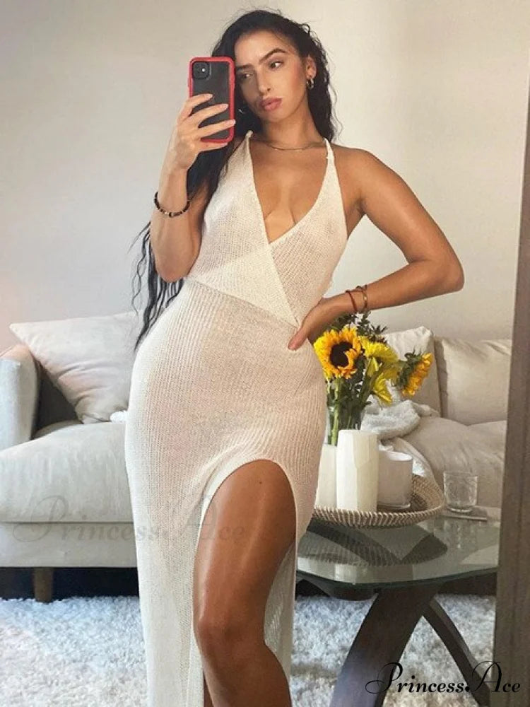 Sexy Beach Backless Cover Up Knitted Maxi Dress White / L