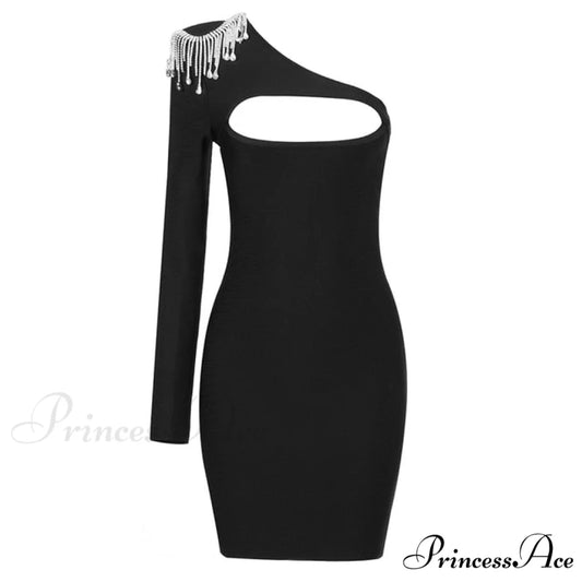 Sexy Beading One Shoulder Bodycon Mini Dress black / S
