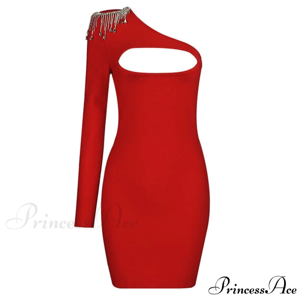 Sexy Beading One Shoulder Bodycon Mini Dress Red / S