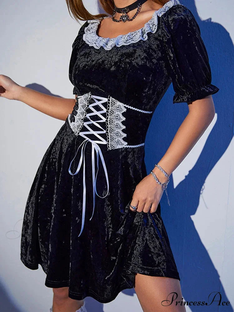 Sexy Black Harajuku Party Corset A-Line Velvet Summer Fashion Emo Chic Elegant High Waist Dress Black / S