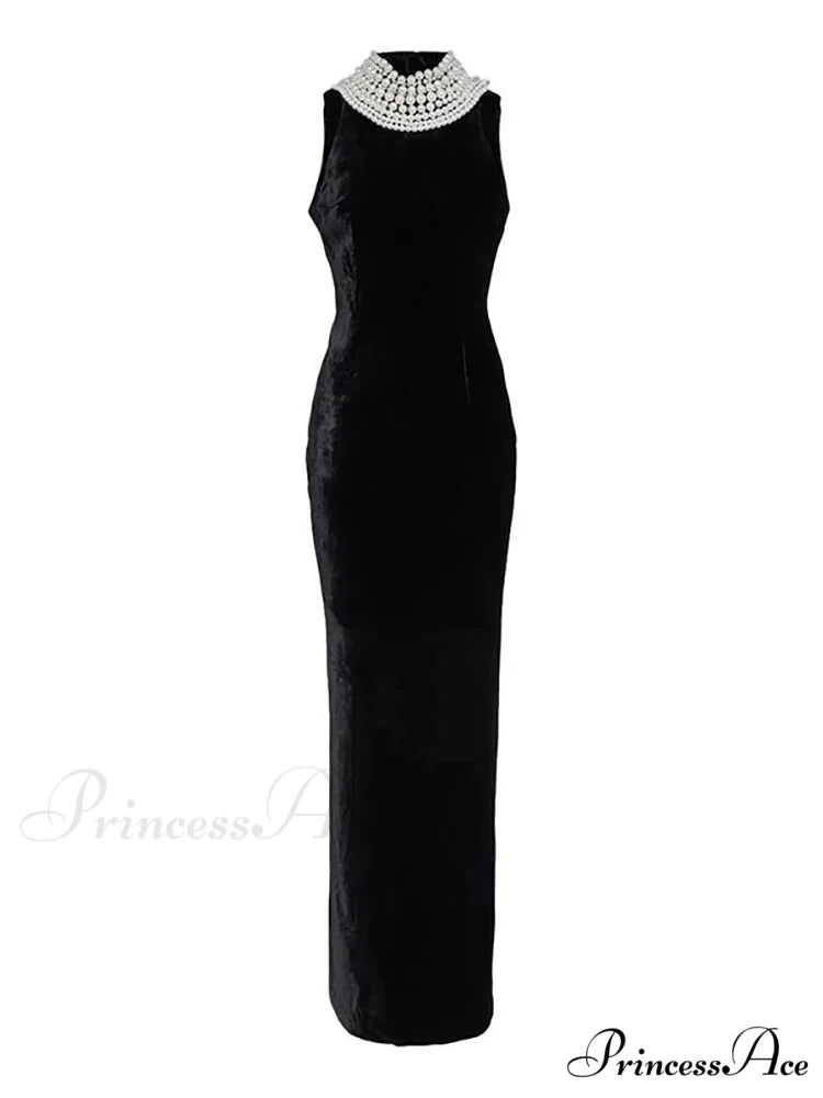 Sexy Black Velvet Halter Neck Pearl Chain Long Dress Maxi Christmas Party Dress Black / XS