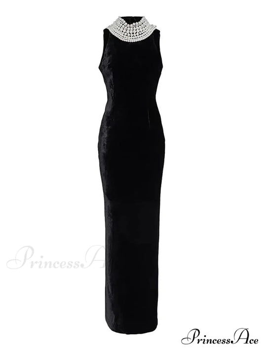 Sexy Black Velvet Halter Neck Pearl Chain Long Dress Maxi Christmas Party Dress Black / XS