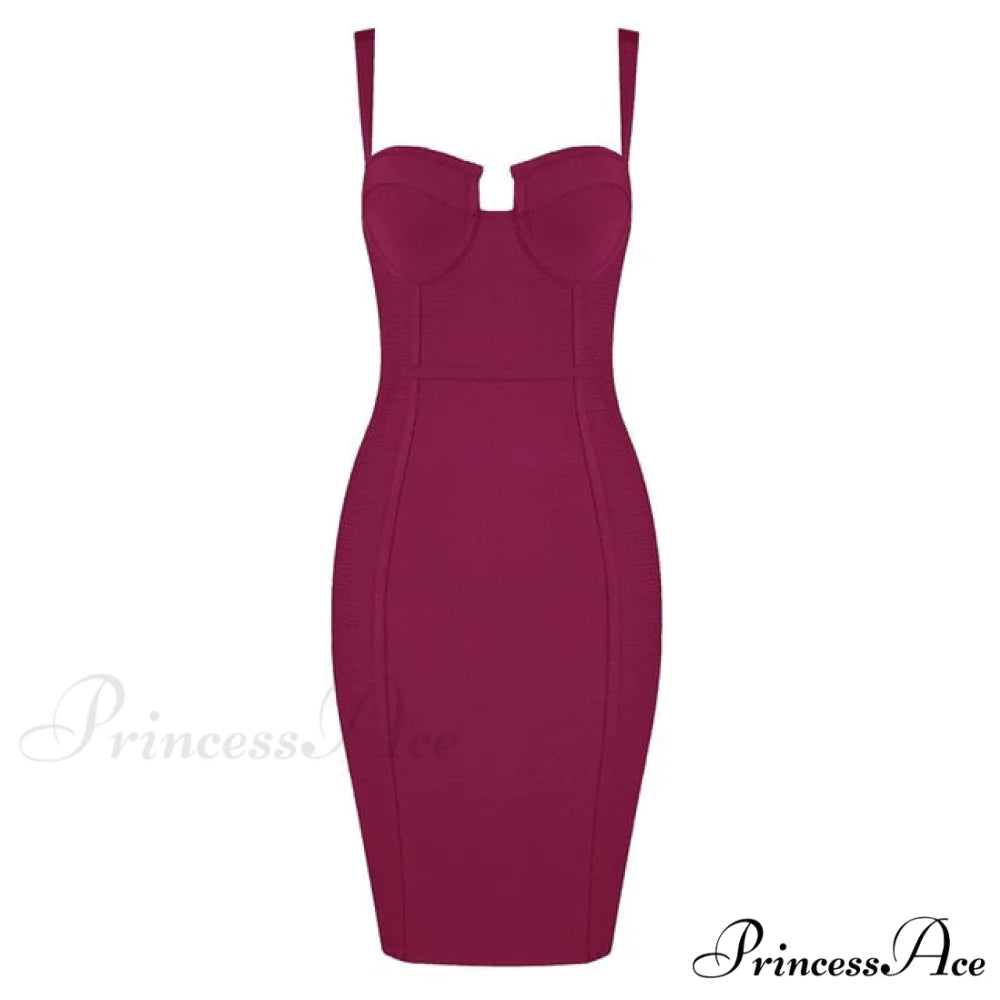 Sexy Blue Yellow Black Rayon Bandage Dress Burgundy / XS