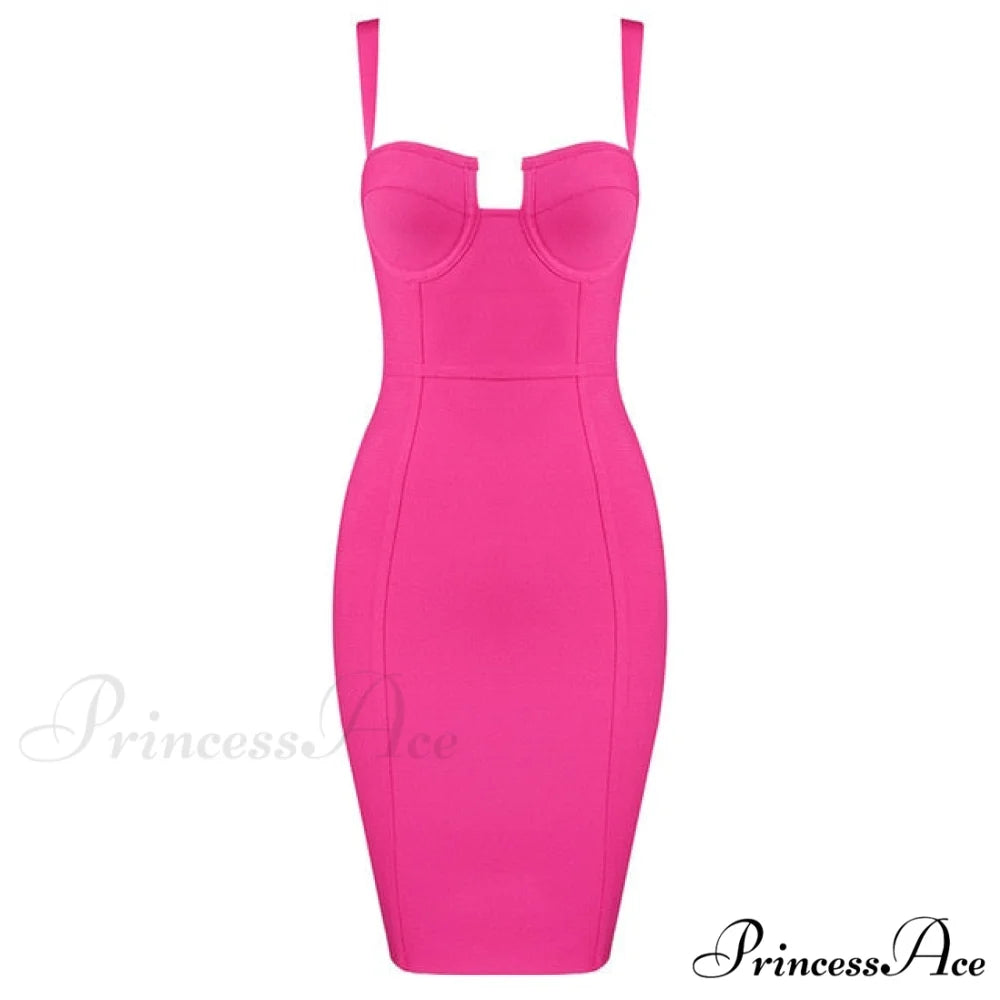 Sexy Blue Yellow Black Rayon Bandage Dress Hot Pink / XS