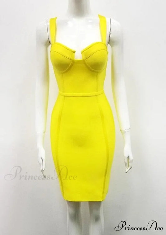 Sexy Blue Yellow Black Rayon Bandage Dress Yellow / XS