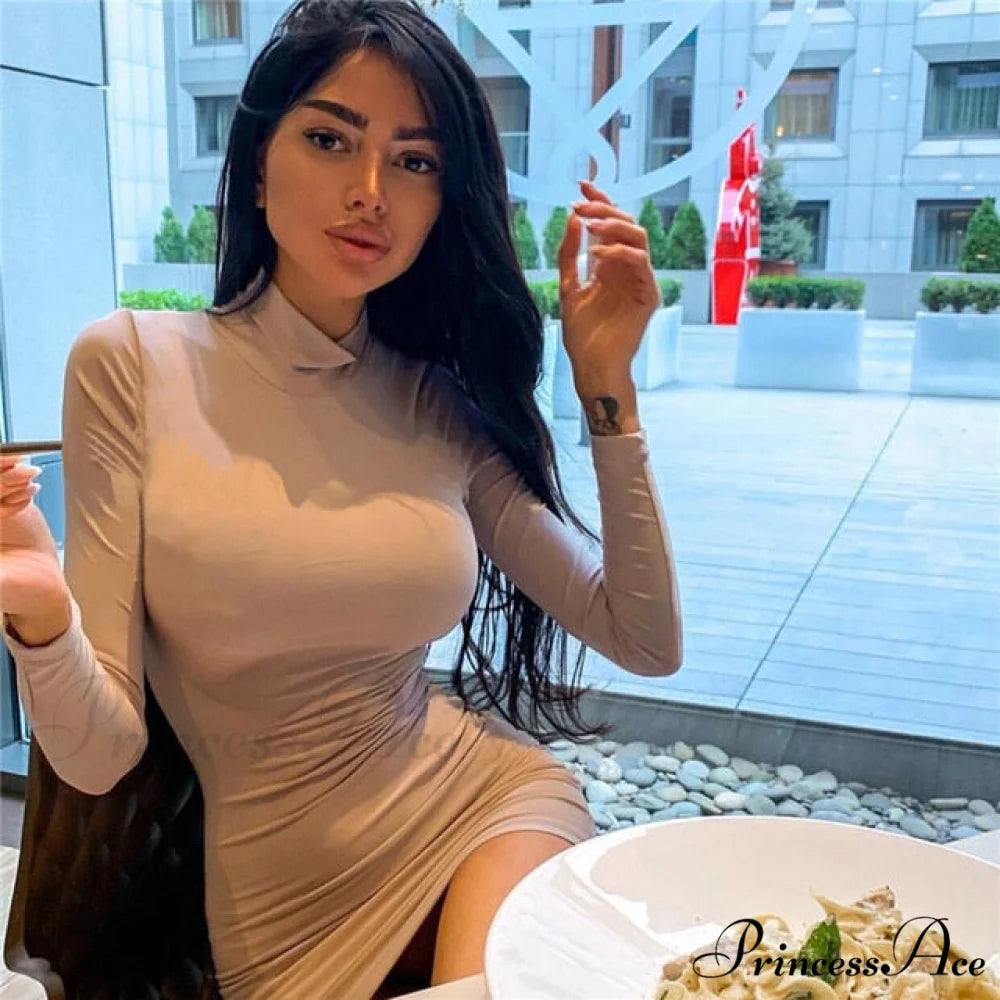 Sexy Bodycon Solid Color Dress khaki / S