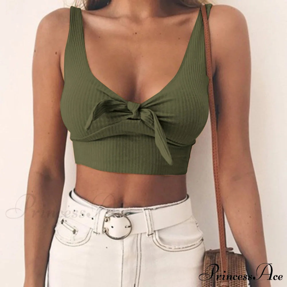 Sexy Bow Tank Tops For Women Bare Midriff Basic Crop Top Army Green / One Size