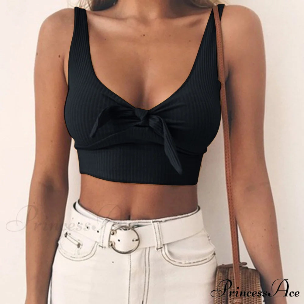 Sexy Bow Tank Tops For Women Bare Midriff Basic Crop Top Black / One Size