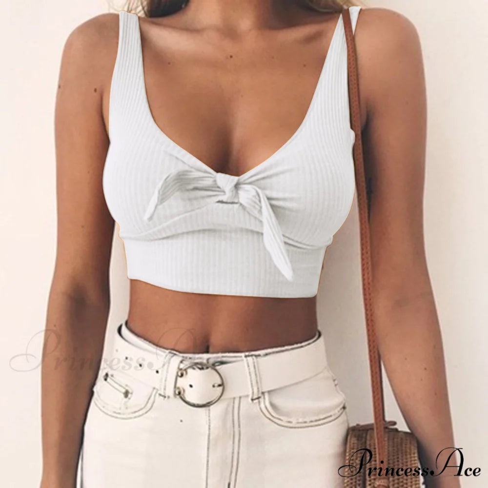 Sexy Bow Tank Tops For Women Bare Midriff Basic Crop Top White / One Size