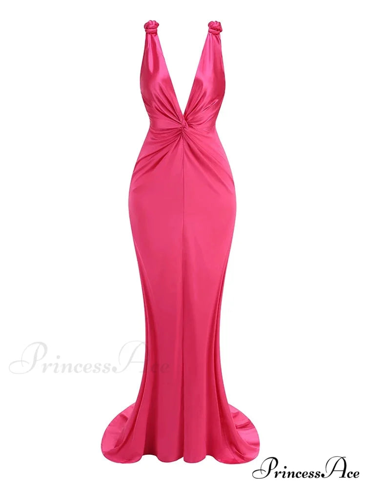 Sexy Braid Sling Deep V Neck Pleated Maxi Dress Women Christmas Party Dress PINK 1 / XS
