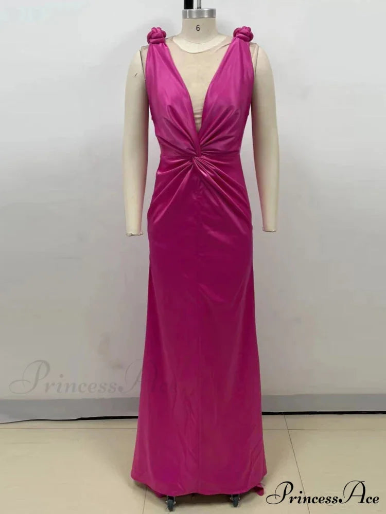 Sexy Braid Sling Deep V Neck Pleated Maxi Dress Women Christmas Party Dress PINK / XS