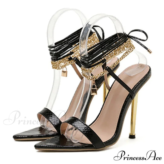 Sexy Chain Ankle-Strap Gold Pointed-Toe 12CM New Summer Female Party High Heel Black / 35