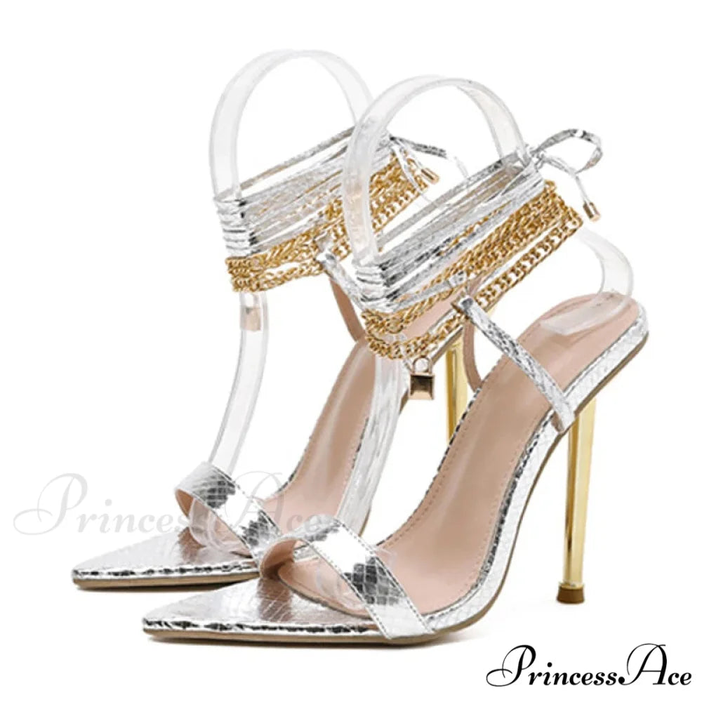 Sexy Chain Ankle-Strap Gold Pointed-Toe 12CM New Summer Female Party High Heel Silver / 35