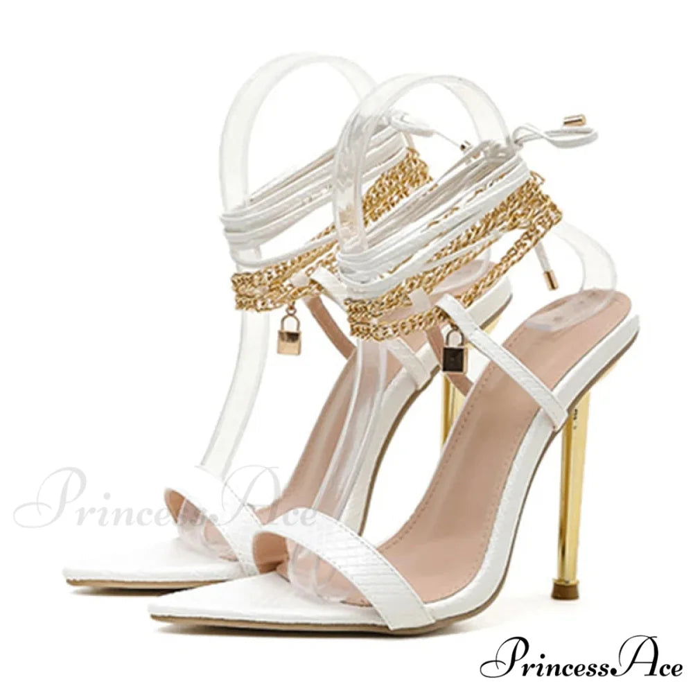 Sexy Chain Ankle-Strap Gold Pointed-Toe 12CM New Summer Female Party High Heel White / 35