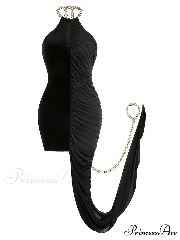 Sexy Chain Halter Neck Patchwork Flods Black Sleeveless Backless Evening Christmas Party Dress Black / XS