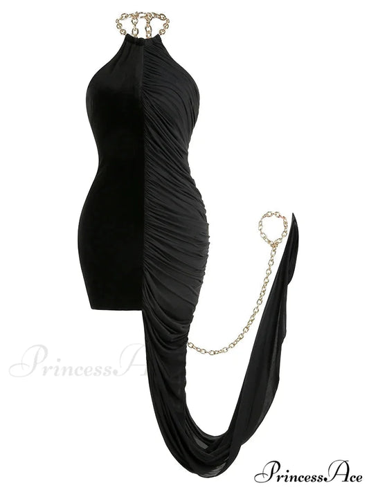 Sexy Chain Halter Neck Patchwork Flods Black Sleeveless Backless Evening Christmas Party Dress Black / XS