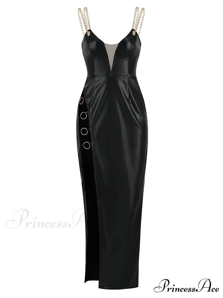 Sexy Chain Spaghetti Strap Pu Leather Maxi Black Sleeveless Christmas Party Dress Black / S