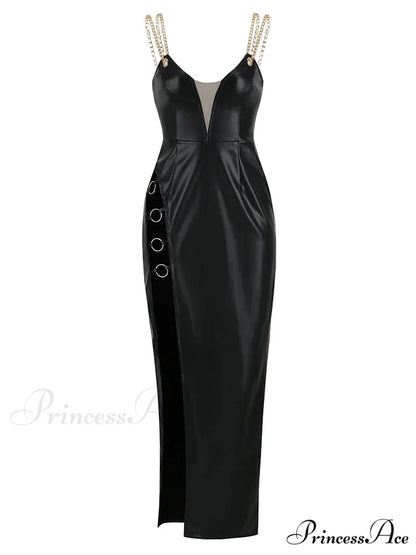 Sexy Chain Spaghetti Strap Pu Leather Maxi Black Sleeveless Christmas Party Dress Black / S