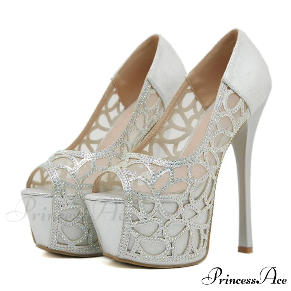 Sexy Crystal Rhinestone Platform Peep-Toe Stripper Party Banquet Ladies Elegant High Heel Silver / 35