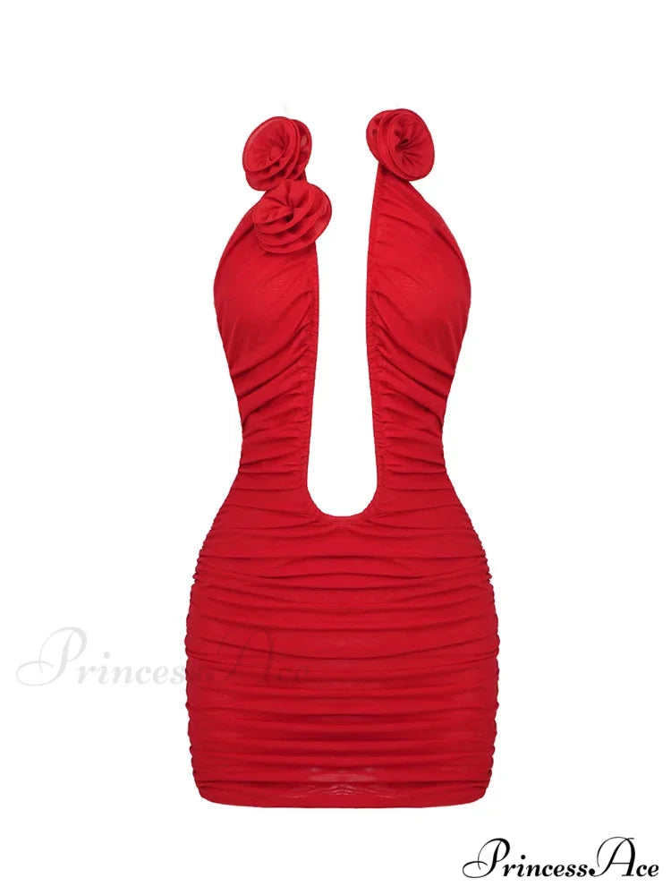 Sexy Deep V Neck 3D Flower Mini Strapless Backless Pleated Christmas Party Dress Red / S