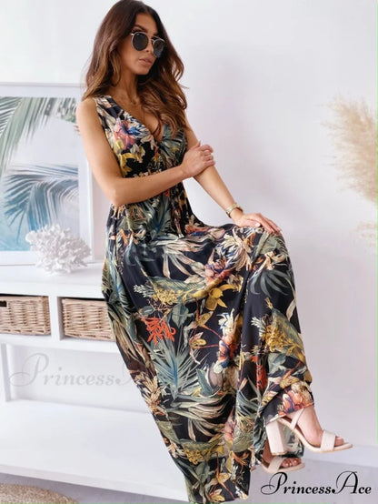 Sexy Deep V-Neck Ankle-Length Beach Party Dress